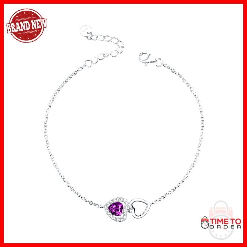 925 Sterling Silver Heart Bracelet with Birthstone, Adjustable 6-9 Inches